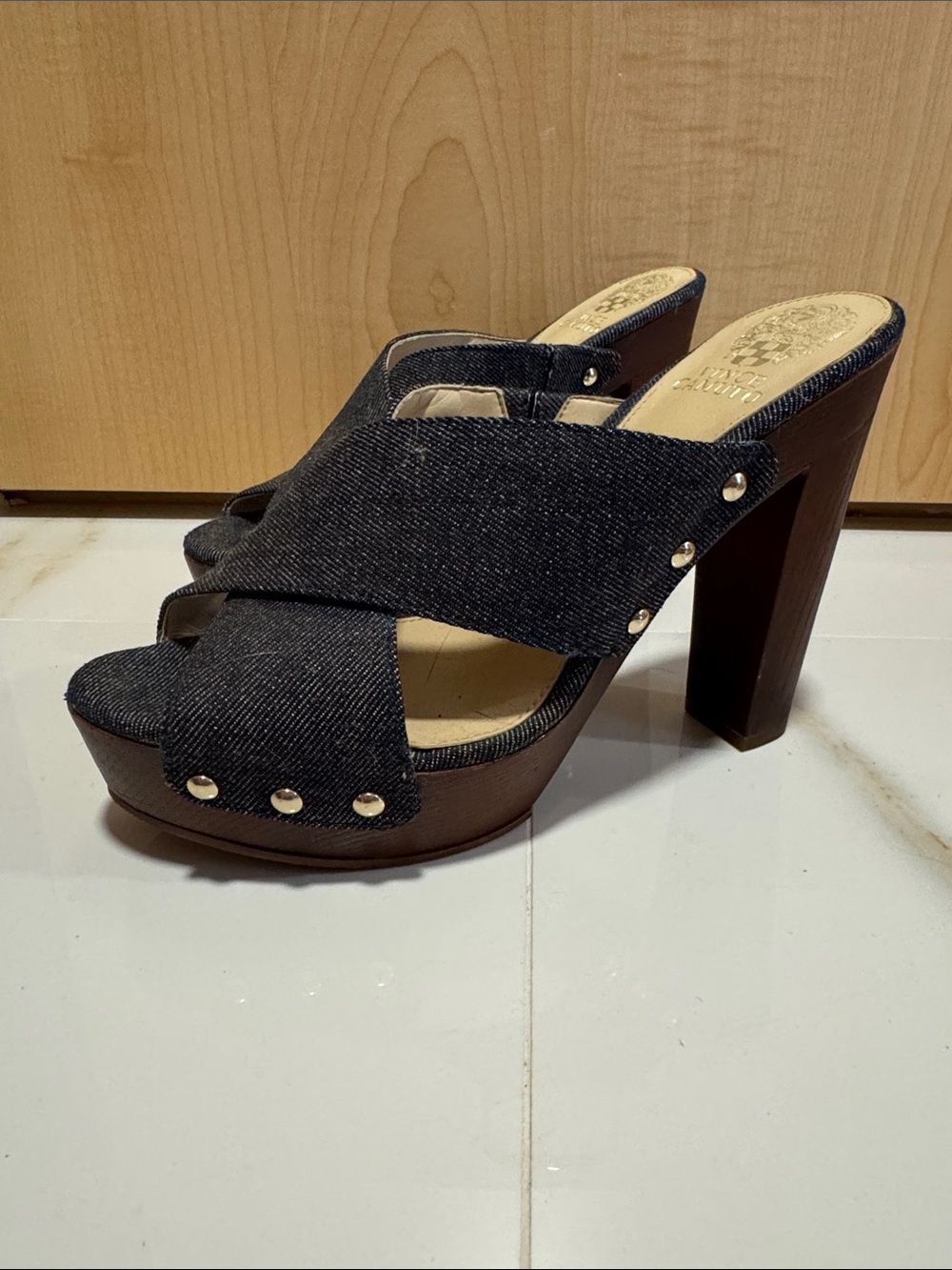 Vince Camuto Dark Blue Denim Crisscross Platform Mules